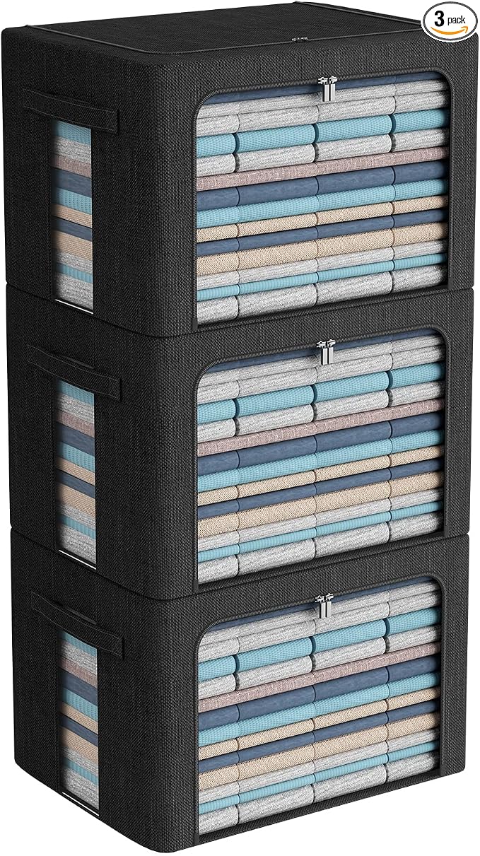 CYhom 3Pack Foldable Storage Bins - Frame Storage Box Linen Fabric Stackable Clothes Container Organizer with Clear Window & Carry Handles Large Capacity (Extra Large-100L, Black) by CYhom