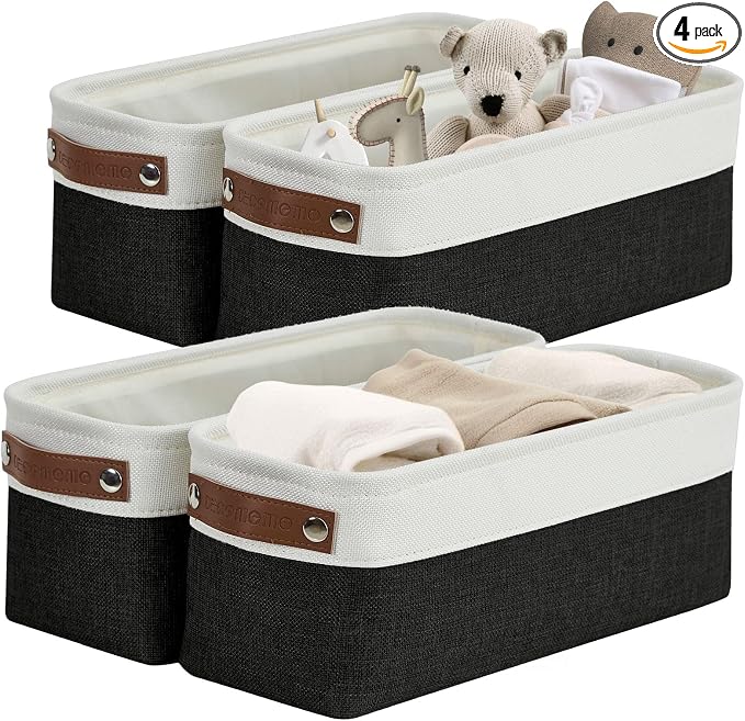 DECOMOMO Narrow Storage Bins, Small Storage Baskets for Shelves 4 Pack | Baskets for Organizing Bathroom, Toilet Tank, Gifts (Black and White) by DECOMOMO