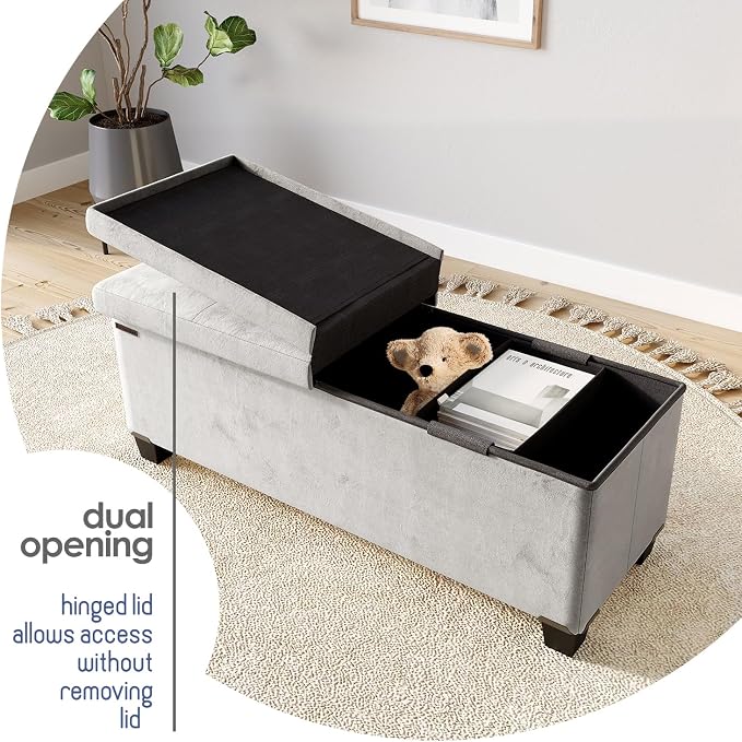 Storage Ottoman Bench with Bins, 43-in Storage Bench for Bedroom End of Bed, Folding Foot Rest Ottoman for Living Room Max 660lbs, Velvet Ottomans, Light Grey - Image 8