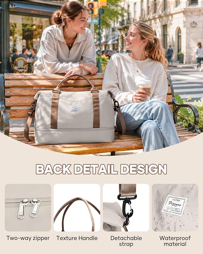 Travel Duffel Weekender Bag Women Tote Carry On Bags With Shoe Compartment | 18x14x8 inches Travel Overnight Bags with Trolley Sleeve for Airplanes Waterproof Sport Tote Gym with Toiletry Bag Beigebrown - Image 5