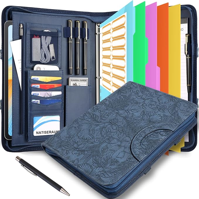 Padfolio Portfolio Binder with Handle, 3-Ring Folder Organizer, Vegan Leather Portfolio with Notepad Includes 5 Dividers with 10 Pockets for Documents Filesfor Documents Files and 1 Pen by NATISERAUM