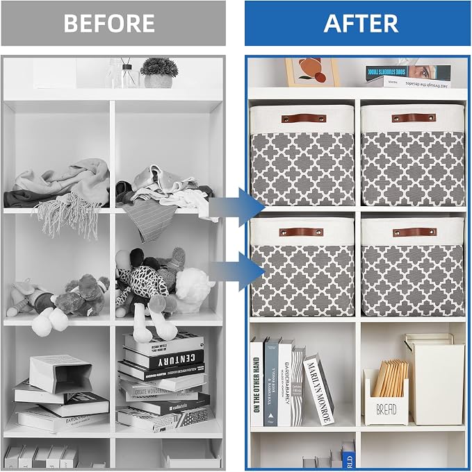 Temary 13ﾗ13ﾗ13 Foldable Storage Cube Baskets Fabric Cube Storage Basket for Organizing Cloth Storage Bins with Leather Handles for Gifts Empty, Closet (Grey Lattice) - Image 6