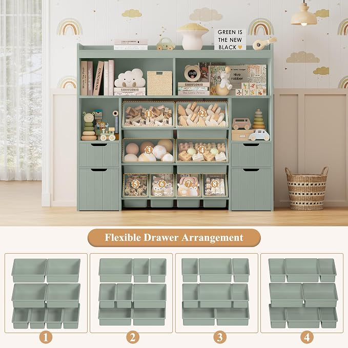 HORSTORS 55" W Toy Storage Organizer, Large Kids Bookshelf, Toy Box, Green | 8 Plastic Storage Bins / 2 Removable Toy Storage Boxes / Open Shelves, Kids Bookcase with Drawers for Playroom, Kids Room - Image 5