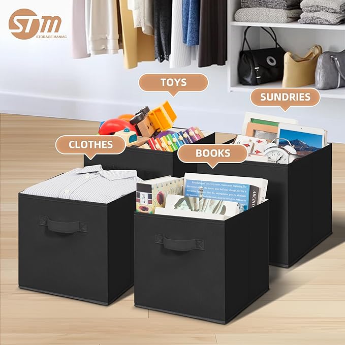 STORAGE MANIAC Storage Cubes, 11 Inch Durable 6 Pack Fabric Foldable Collapsible Bins with Handles for Organization, Closet, Shelves, Offices, Toys, Black - Image 2
