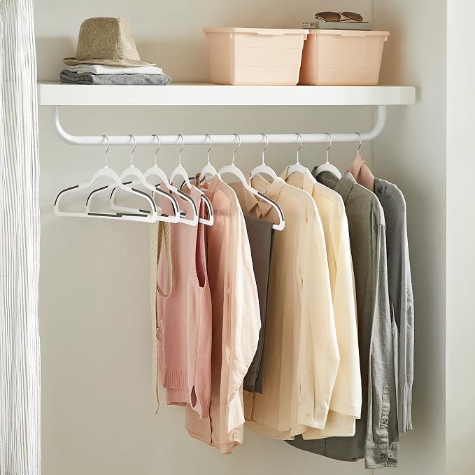 SONGMICS Plastic Clothes Hangers, Pack of 50, Non-Slip, Space-Saving | 0.2 Inches Thick, 17.7 Inches Wide, 360° Swivel Hook, White and Dark Gray, BREANNA Collection UCRP050W50 - Image 3