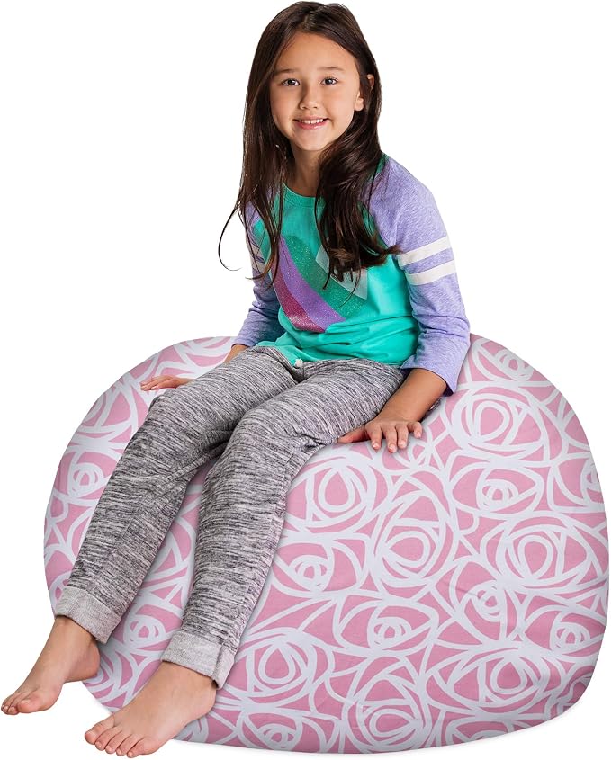 Posh Creations Kids Stuffed Animal Storage Bean Bag Chair Cover - Childrens Toy Organizer, Large-38in, Canvas Roses Pink - Image 4