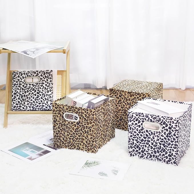 ANMINY Leopard Cheetah Print Storage Cubes Bins, Velvet, Brown, 13Inch 8PCS | Collapsible & Washable, PP Board Frame, Built-in Metal Handles, Animal Themed Fabric Cubes Baskets for Closet Shelves Decor - Image 9