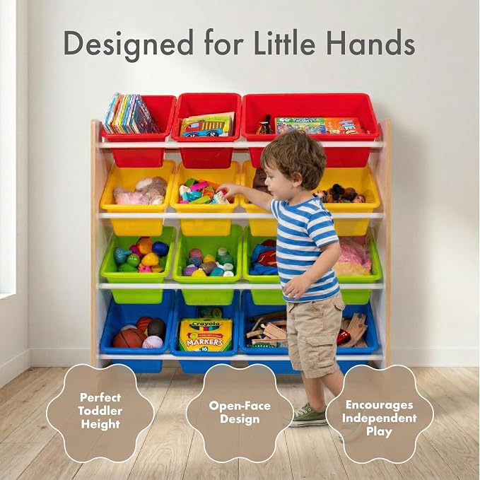 Humble Crew Kids Toy Organizer with 12 Bins, 4 Tier Storage for Playroom | Sturdy wood and steel toddler shelf, removable BPA-free containers, wall anchor anti-tip safety kit for bedroom or classroom - Image 2