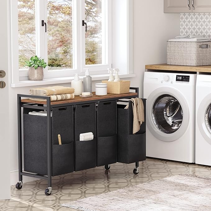HOOBRO Laundry Sorter 4 Sections, Laundry Hamper with Wheels, 4 × 10.5 Gal (40 L), Rolling Laundry Basket, Pull-Out and Removable Oxford Fabric Bags, Rustic Brown and Black BF04XY01 - Image 2