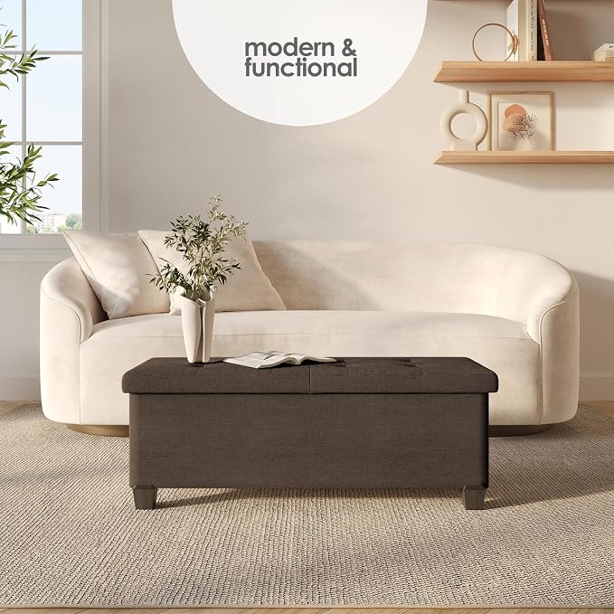 Storage Ottoman Bench with Bins, 43-in Storage Bench for Bedroom End of Bed, Folding Foot Rest Ottoman for Living Room Max 660lbs, Fabric Ottomans, Brown - Image 2