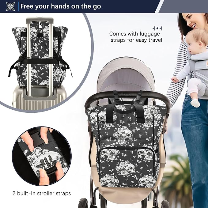 MNSRUU Diaper Bag Goth Skull Butterdlies Diaper Bag Backpack Multifunction Travel Diaper Bag Tote Large Capacity Diaper Changing Backpacks for Moms Dads - Image 4