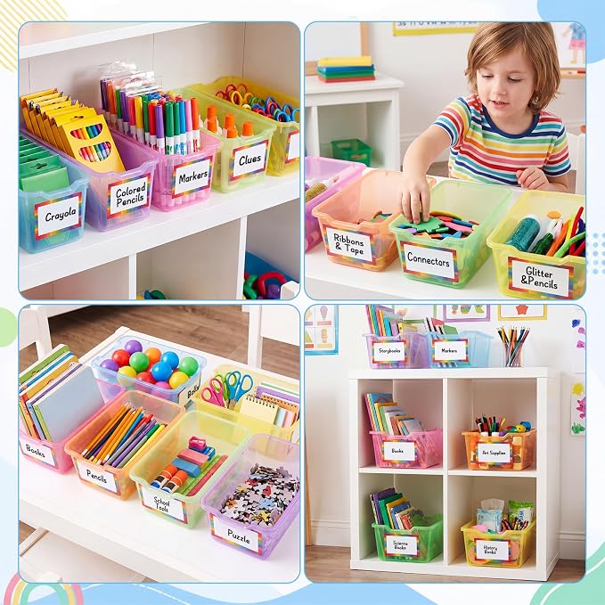 Funrous 12 Pack Plastic Cubby Bins for Classroom, Stackable Storage Bins with Rainbow Labels and Handles Cubby Organizer Containers for Teacher Supplies Home Office Daycare and Playroom (Bright) - Image 5