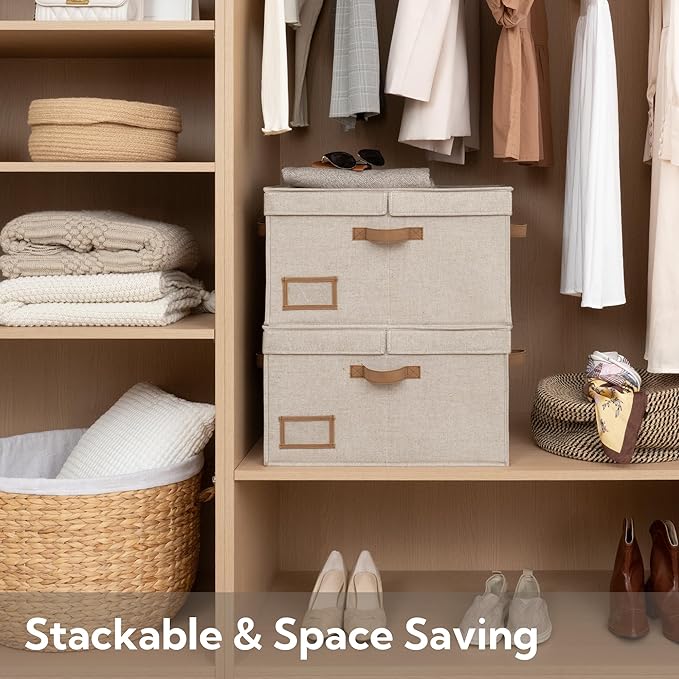 StorageWorks Large Clothes Storage Bins, Fabric Boxes with Divider Board, Baskets for Clothes, Linen Closet Organizers with Lid, Mixing of Brown & Beige, 2-Pack - Image 5
