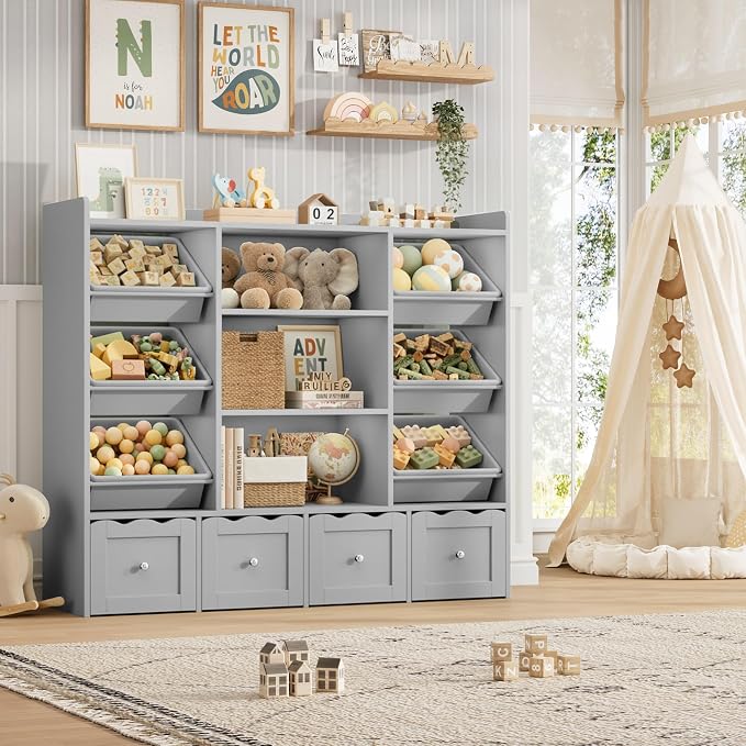 HITHOS 55" W Kids Toy Storage Organizer with 10 Toy Box & Book Shelf, Gray | Large Toy Organizers and Storage with Kids Bookshelf & 6 Plastic Toy Chests & 4 Movable Drawers for Kids Room, Playroom by HITHOS