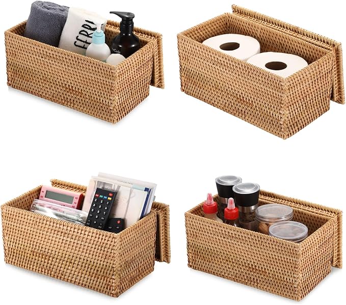 Hipiwe Rattan Basket Storage Box with Lid Handwoven Lidded Wicker Baskets | Decorative Baskets Bin Rectangular Household Baskets for Shelf Organizing Home Decor, 11.8"Lx6.2"Wx6.1"H - Image 6