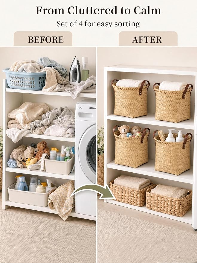 Wicker Storage Baskets, 4 Pack Woven Baskets for Shelves, Yellow | PP Rattan, Water-resistant Wicker Basket, Large Baskets with Faux Leather Handles for Blanket, Laundry Organizer, Room Decor - Image 6