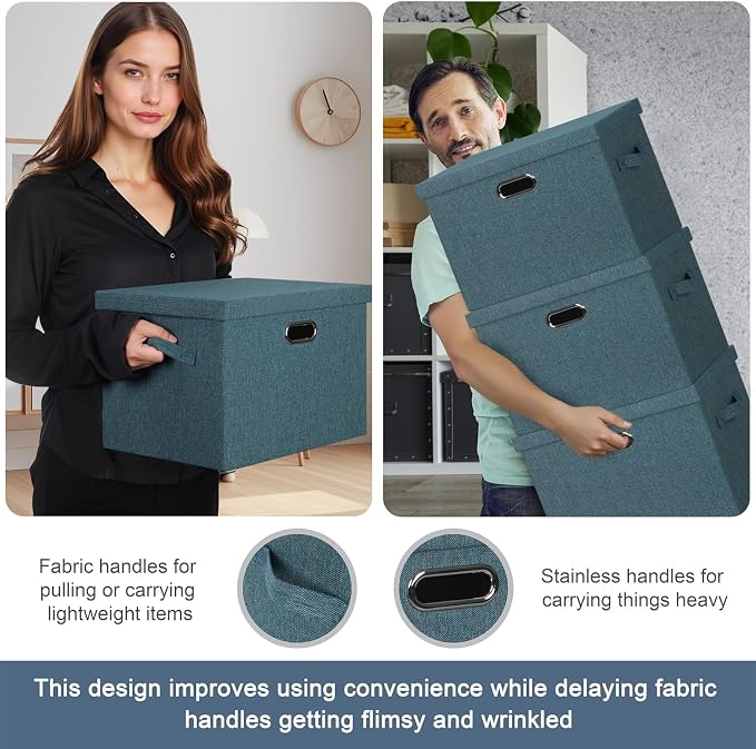 Storage Bins with Lids Fabric Closet Organizers Cubes Office Organization | 36 Quart 3 Pack Blue-Green Collapsible Stackable Linen Fabric 4 Handles Bedroom Closet Cabinet Under Bed Clothes Toy Office - Image 5