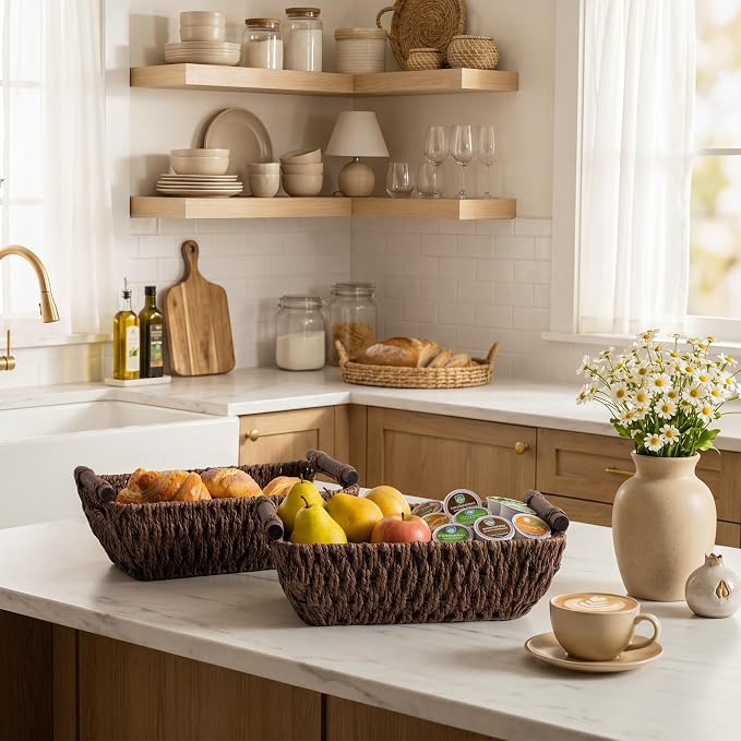 StorageWorks Small Baskets for Organizing, Woven Basket for Shelves | Wicker Storage Baskets for Shelves, Baskets with Wooden Handles, 2-Pack Gifts Basket for Home Decor, Hand-Woven Basket - Image 7