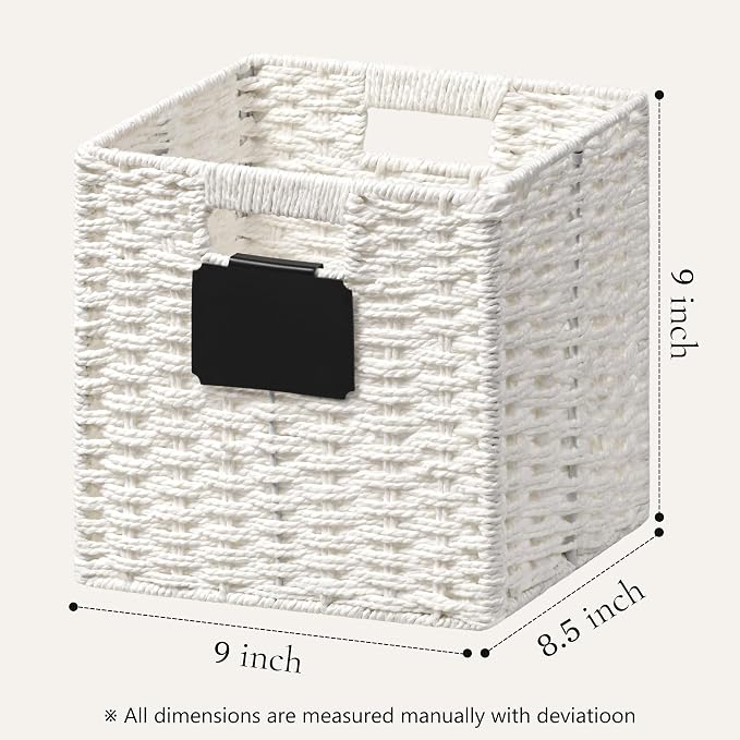 UBBCARE 4 Pack Small Wicker Basket, 9×9 Storage Cubes with Label, Foldable Cube Storage Bin with Handle, Square Storage Basket for Shelves, Woven Paper Rope Basket for Organizing, White - Image 2