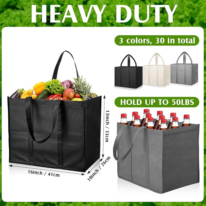 Hillban 30 Pack Large Reusable Shopping Bags Bulk | Heavy Duty Foldable Grocery Bags 16 x 13 x 10 Inch, Washable Portable Storage Totes with Reinforced Handles - Image 3