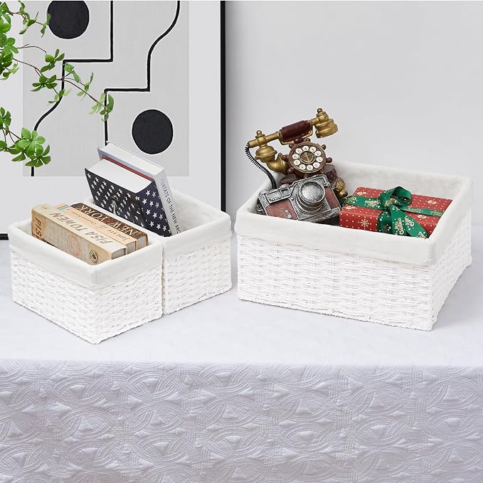 Wicker Basket, Set of 3 Hand-woven Storage Baskets for Organizing, Decorative Rectangle Wicker Storage Basket Bins with Handles, Small Toilet Paper Storage Baskets for Shelves & Decor, White - Image 7