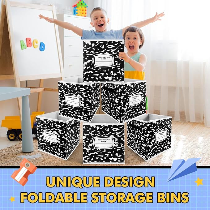 Demonwer 6 Pcs 11 Inch Fabric Storage Bins Notebook Themed Cubby Basket Bins with Handles Notebook Storage Containers for Back to School Decorations Office Home Organizer Supplies - Image 6