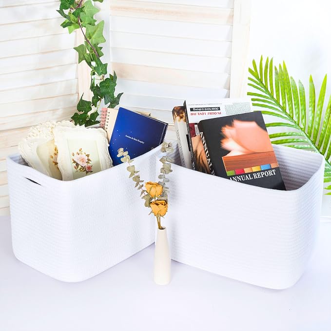 3-Pack Decorative Woven Storage Baskets for Shelves, Cube Bin Box for Organizing Books, Shoes, Dog Toys, Pantry Closet and Living Room Organizer, Full White - Image 3