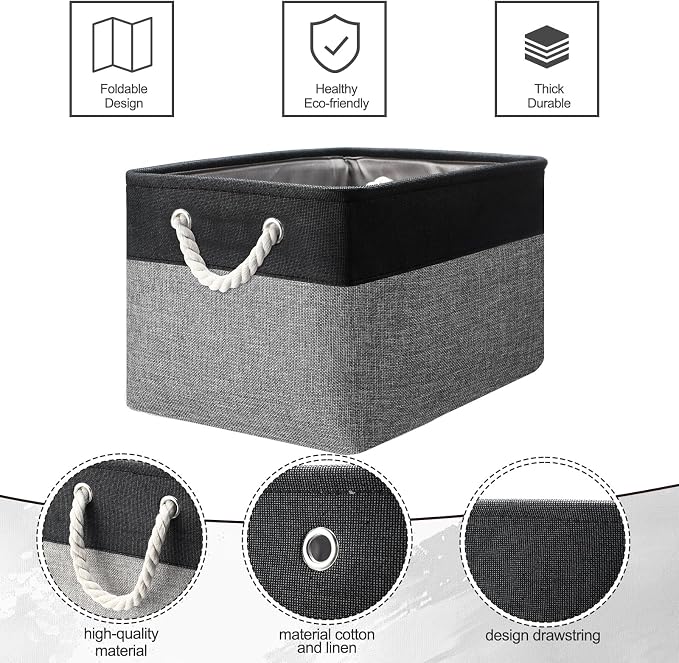 meekoo 8 Pack Collapsible Storage Bins Fabric Storage Bins Polyester Fabric Baskets with Handles Linen Closet Organizer for Shelf Home Closet Towels Toys(15 x 11 x 9.5 in,Black Gray) - Image 3
