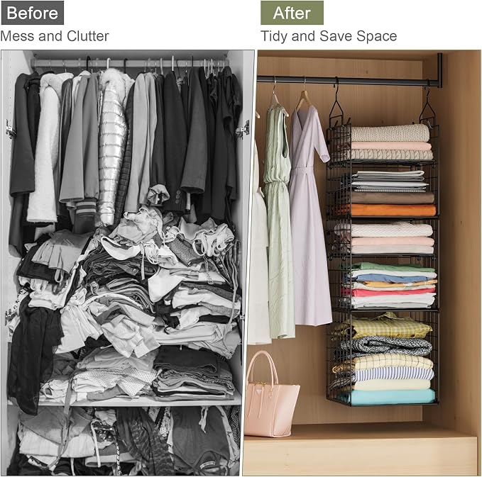 X-cosrack Hanging Closet Organizer and Storage - 5-Tier Closet Storage Organizer Baskets for Clothes & Adjustable Collapsible Metal Closet Hanging Organizer Shelves for Sweaters Shoes Handbags - Image 7