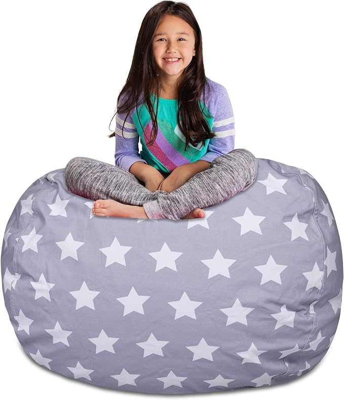 Posh Creations Kids Stuffed Animal Storage Bean Bag Chair Cover - Childrens Toy Organizer, X-Large-48in, Canvas White Stars on Gray by PoshCreations