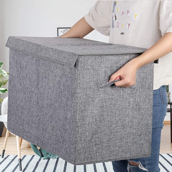 Large Toy Box Storage with Lid, Collapsible Sturdy Toy Chest Storage Bin | Toy Storage with Rivets Handles for Kids, Boys, Girls, Nursery, Playroom, Living Room, Bedroom, 25"x 13" x 16" (Linen Gray) - Image 5