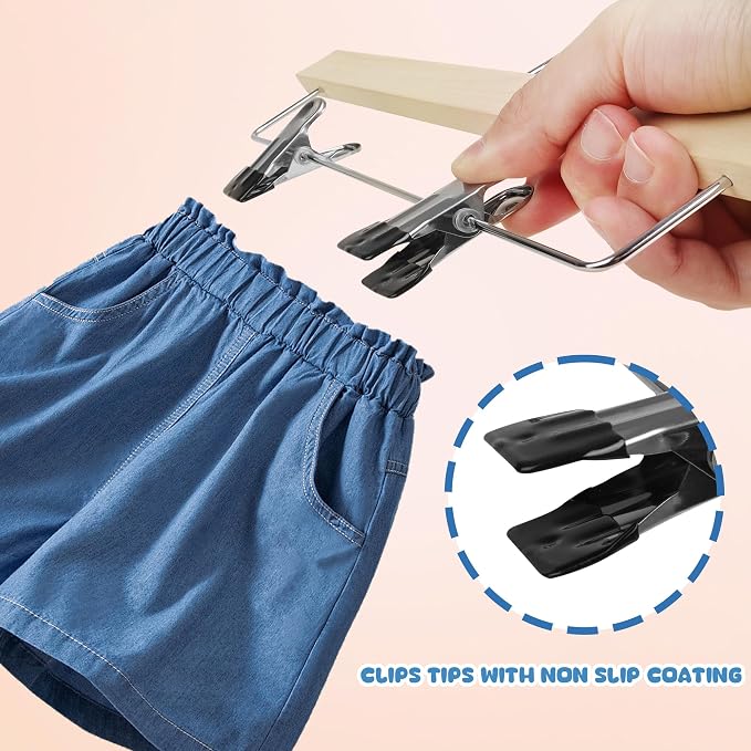 Kids Wooden Pants Hangers for Toddler & Baby Clothes, Natural, 24-Pack | Solid Wood Skirts Hangers with Adjustable Anti-Wrinkle Clips for Children's Trousers, Slacks, Jeans, 12" - Image 4
