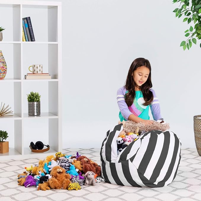 Posh Stuffable Kids Stuffed Animal Storage Bean Bag Chair Cover - Childrens Toy Organizer, Medium 27" - Canvas Stripes Gray and White - Image 6