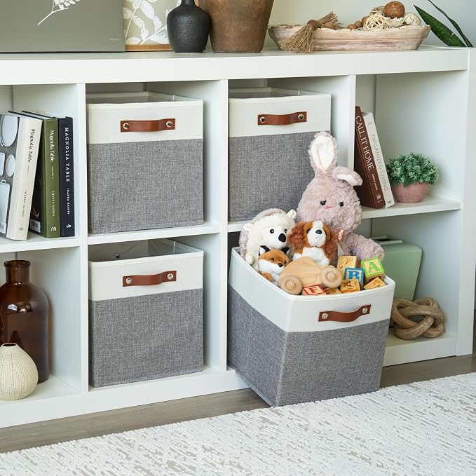 OrganiHaus 11x11 Cube Storage Bins, Set of 4 - Fabric Storage Cubes | Sturdy, holds its shape; odor-free; fits ClosetMaid 11-inch shelves; vegan leather handles - Image 3