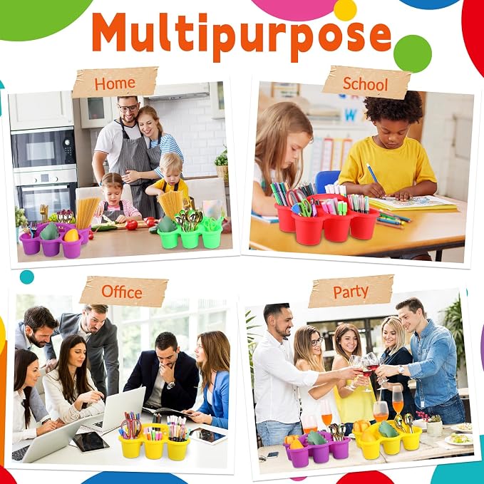 6 Pack Classroom Caddy Organizer with Handle, 6 Compartments, Colorful | Stackable Plastic Table Caddies, 12x9x3.5 In, caddy Organizer for School Supplies, Crayons, Pencils, Crafts and Drink Cups - Image 7