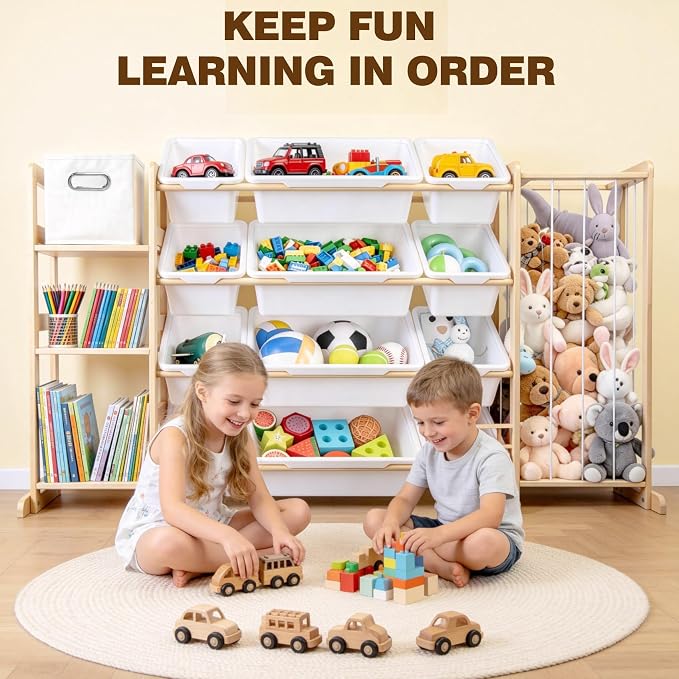 Kids Toy Storage Organizer with Bookshelf & Stuffed Animal Storage,12 Toy Bins +1 Free Storage Box,Playroom Nursery Organization Plush Toy Storage - Image 3