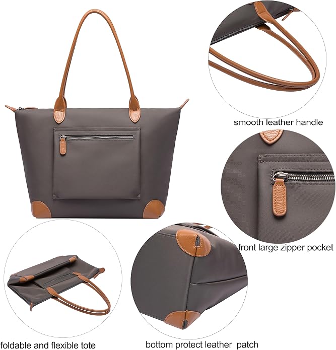 DORIS&JACKY Women Lightweight Tote Bag Designer Leather Work Shoulder Purse | Large Foldable Waterproof Nylon Hobo, Soft Fashion Casual Travel Gym Shopping Handbags with Long Leather Strap - Image 5