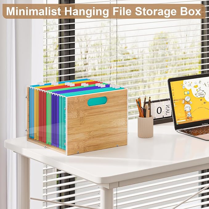 Sbanmao 2 Pack Hanging File Organizer, Clear Acrylic File Box Organizer, Bamboo Filing Box File Crate Storage Boxes, Portable Filing Organizer with Handle for Letter Size - Image 6