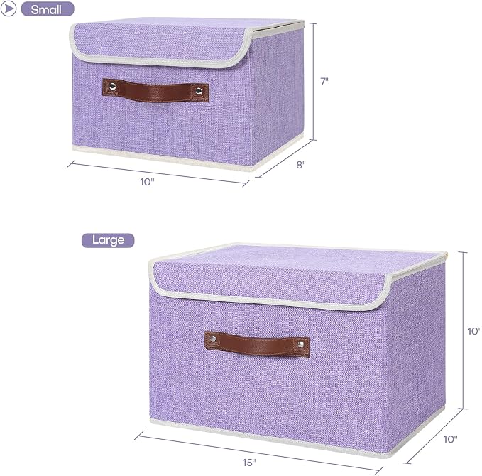 ANMINY Fabric Storage Box Bins with Lids, Purple, 10"x8"x7", 2 Pack | Keepsake Memory Storage, Cotton Linen, PP Board Reinforced, Washable, PU Handles, Foldable & Stackable, Decorative, Small - Image 5