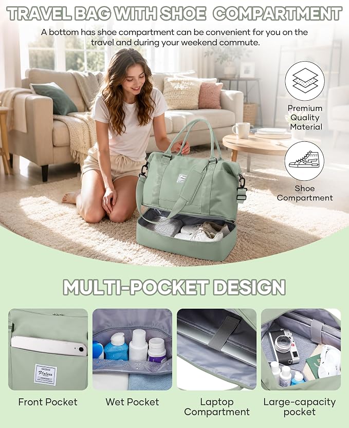 Travel Duffel Weekender Bag Women Tote Carry On Bags With Shoe Compartment | 18x14x8 inches Travel Overnight Bags with Trolley Sleeve for Airplanes Waterproof Sport Tote Gym with Toiletry Bag Beigegreen - Image 6