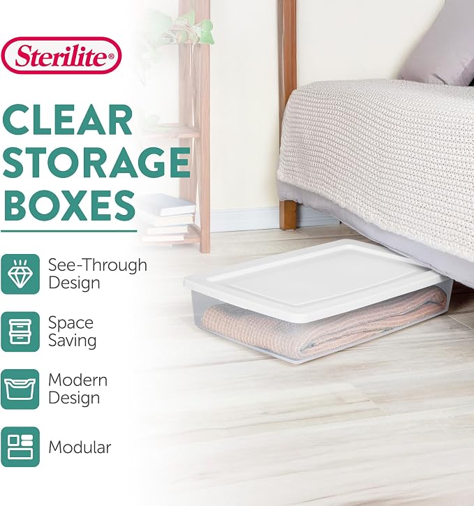 Sterilite 41 Qt Underbed Storage Box, Stackable Bin with Lid, Plastic Container to Organize Bedroom, Clear Base and White Lid, (Pack of 6) | Clear Plastic Containers with Secure Snapping White Lids for Home and Office Organization - Image 3
