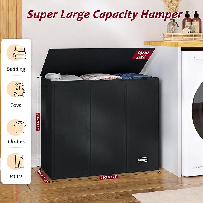 220L Laundry Hamper 3 Section,Large Laundry Hamper with Lid,Dirty Clothes Hamper with 3 Inner Bags,Collapsible Laundry Basket Organizer for Laundry Room,Bedroom,Laundry Sorter Hamper 3 Compartment - Image 2