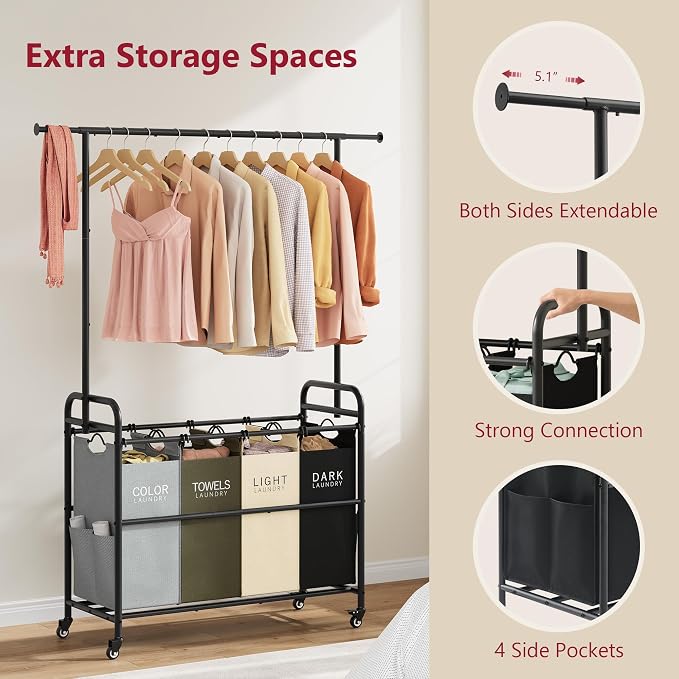 Laundry Sorter Cart with Hanging Clothes Rack, 4 Section, 4 Colors | Laundry Hamper Cart with Removable Bags, Laundry Sorter with Wheels, 4 Bag Laundry Basket Organizer for Laundry Room, Family - Image 5