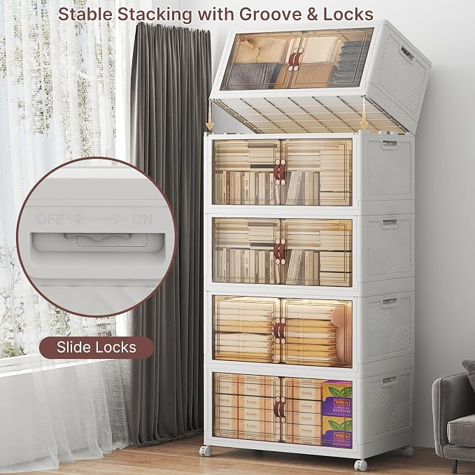 Stackable Storage Bins with Lids, 600QT Lockable Storage Cabinet | Folding Storage Box with Doors and Wheels, Collapsible Plastic Drawers for Home, Garage, Office - Image 4