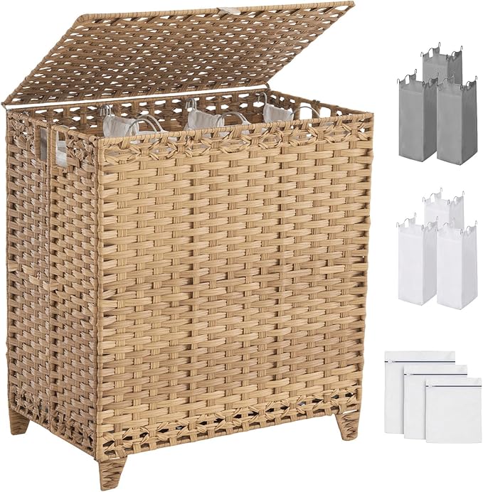 Laundry Hamper with Lid, 190L Large Laundry Basket 3 Section with 6 Removable Liner Bags & 3 Mesh Laundry Bags, Handwoven Rattan Clothes Hamper with Heightened Feet, No Install Needed, Natural by Hiagnete