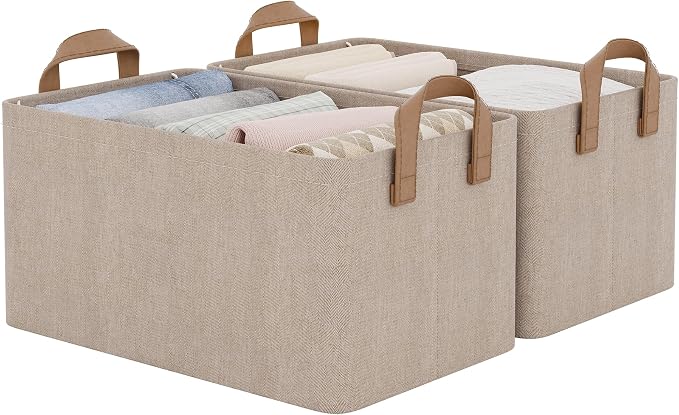 StorageWorks Storage Bins, Storage Baskets, Brown and Beige, 2-Pack | With Reinforced PU Handles, Metal Frame, Collapsible, Storage Basket for Shelves, Closet, Holds Clothes, Towels, Blankets by StorageWorks
