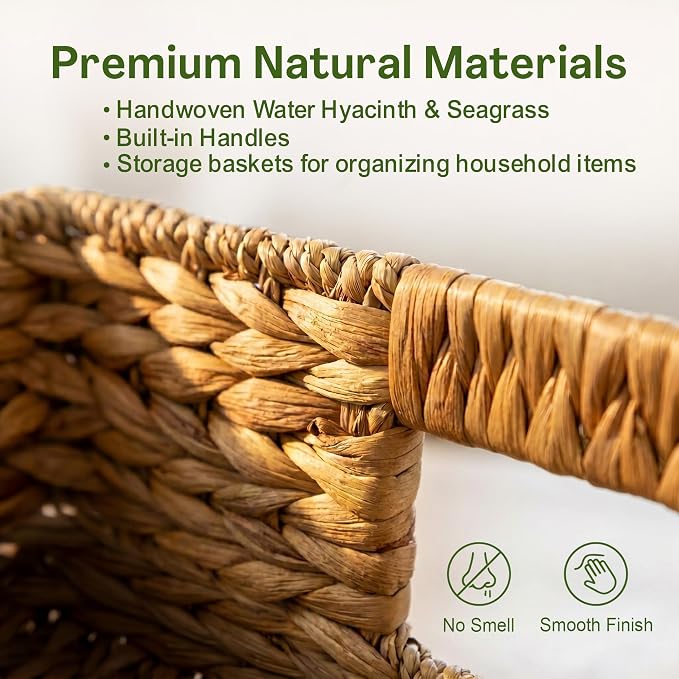 Large Wicker Storage Baskets with Handles, 17 x 11 x 7.5 Inches | Natural Seagrass and Hyacinth, Woven Storage Basket, For Organizing Shelves, Closet, Pantry, Living Room - Image 2