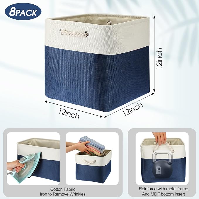 meekoo 8 Pack Collapsible Storage Bins Fabric Storage Bins Polyester Fabric Baskets with Handles Linen Closet Organizer for Shelf Home Closet Towels Toys(12 x 12 x 12 in,Blue White) - Image 2