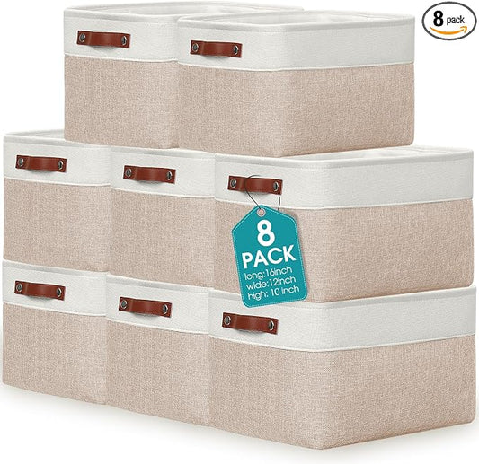 Uiifan 8 Pack 16 x 12 x 10 Inch Large Storage Baskets Collapsible Fabric Storage Cubes Bins with Handles for Shelves Closets Nursery Home Clothes Toys Organizers, Beige by Uiifan