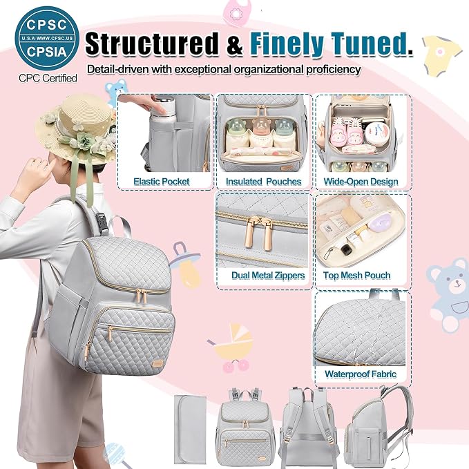 Diaper Bag Backpack Large Baby Diaper Bag with Changing Pad Travel Diaper Backpack,Baby Bag for Boys Girls,Stroller Straps,5 Insulated Pockets (Gray) - Image 5